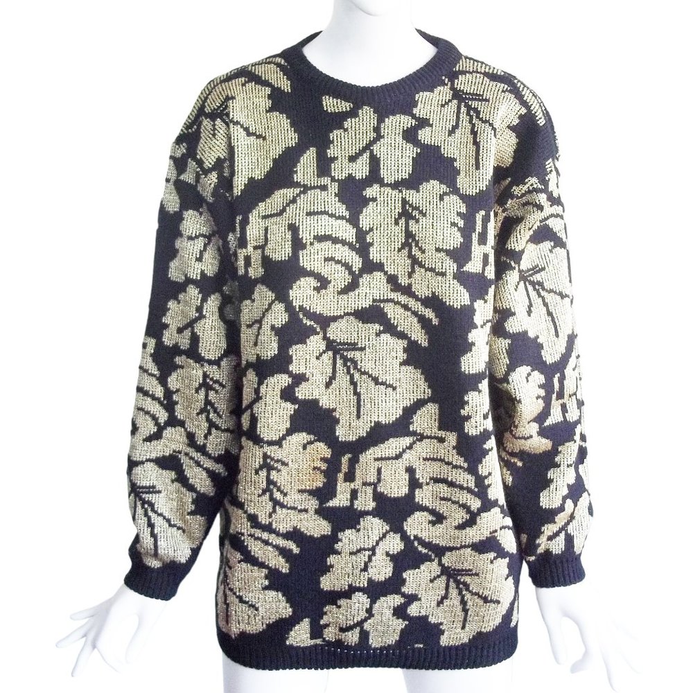 Vtg 80s Karen Scott Gold Metallic Leaf Oversized Knit Mini Sweater Dress M Italy
